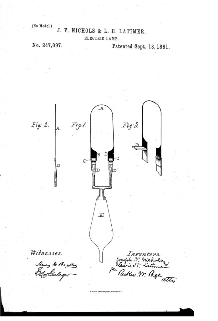 Joseph V. Nichols and Lewis H. Latimer, Electric Lamp, Patent No.247097
