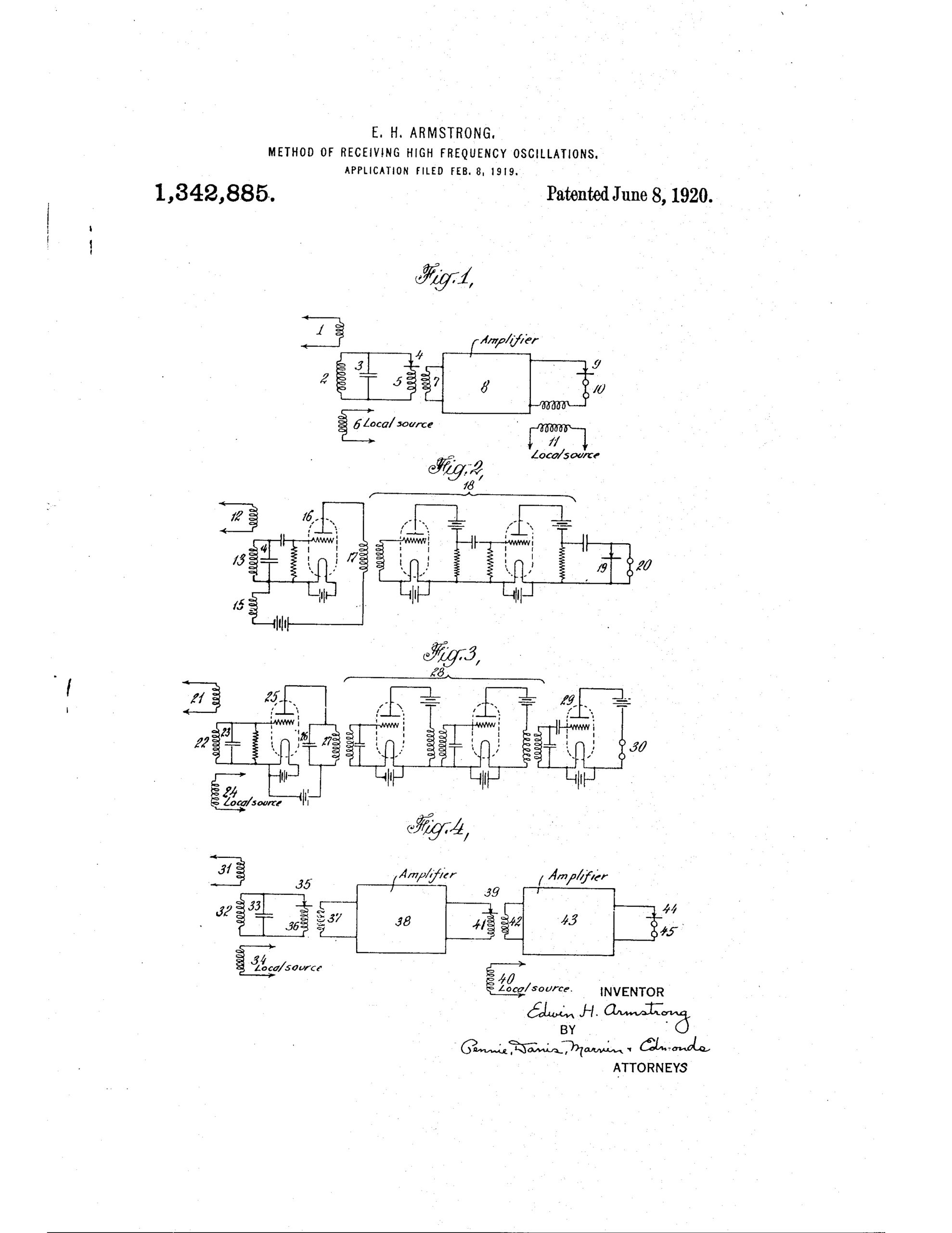 Edwin H. Armstrong, of Paris, France Method of Receiving High-Frequency Oscillations Patent # 1,342,885 Application filed Feb. 8, 1919 – Patented June 8, 1920