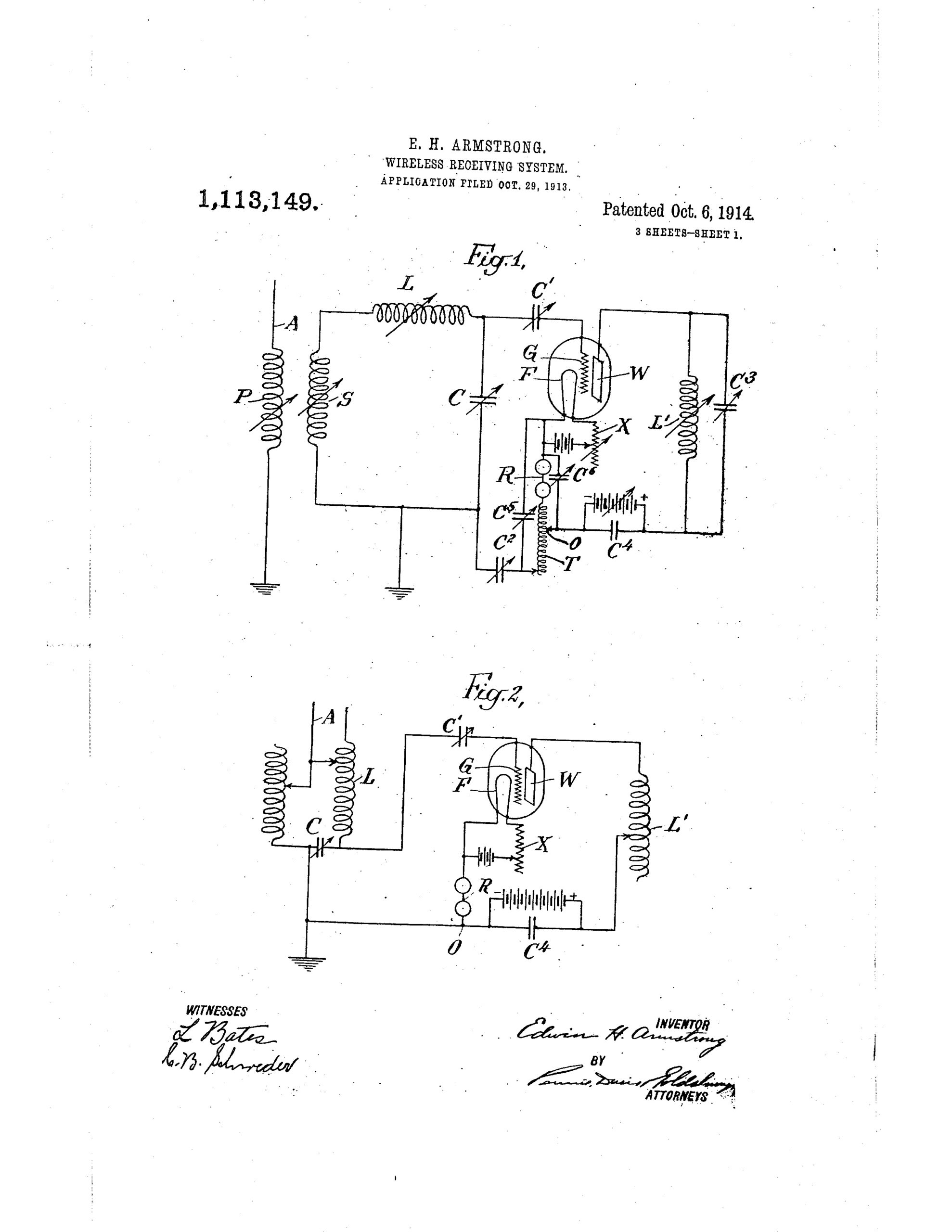Edwin H. Armstrong, of Yonkers, NY Wireless Receiving System, Patent # 1,113,149. Application Filed Oct. 29, 1913 – Patented Oct. 6, 1914