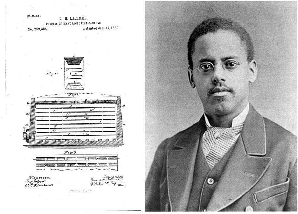 Lewis Latimer shown pictured next to his patent #252,386: Process for manufacturing carbon filament